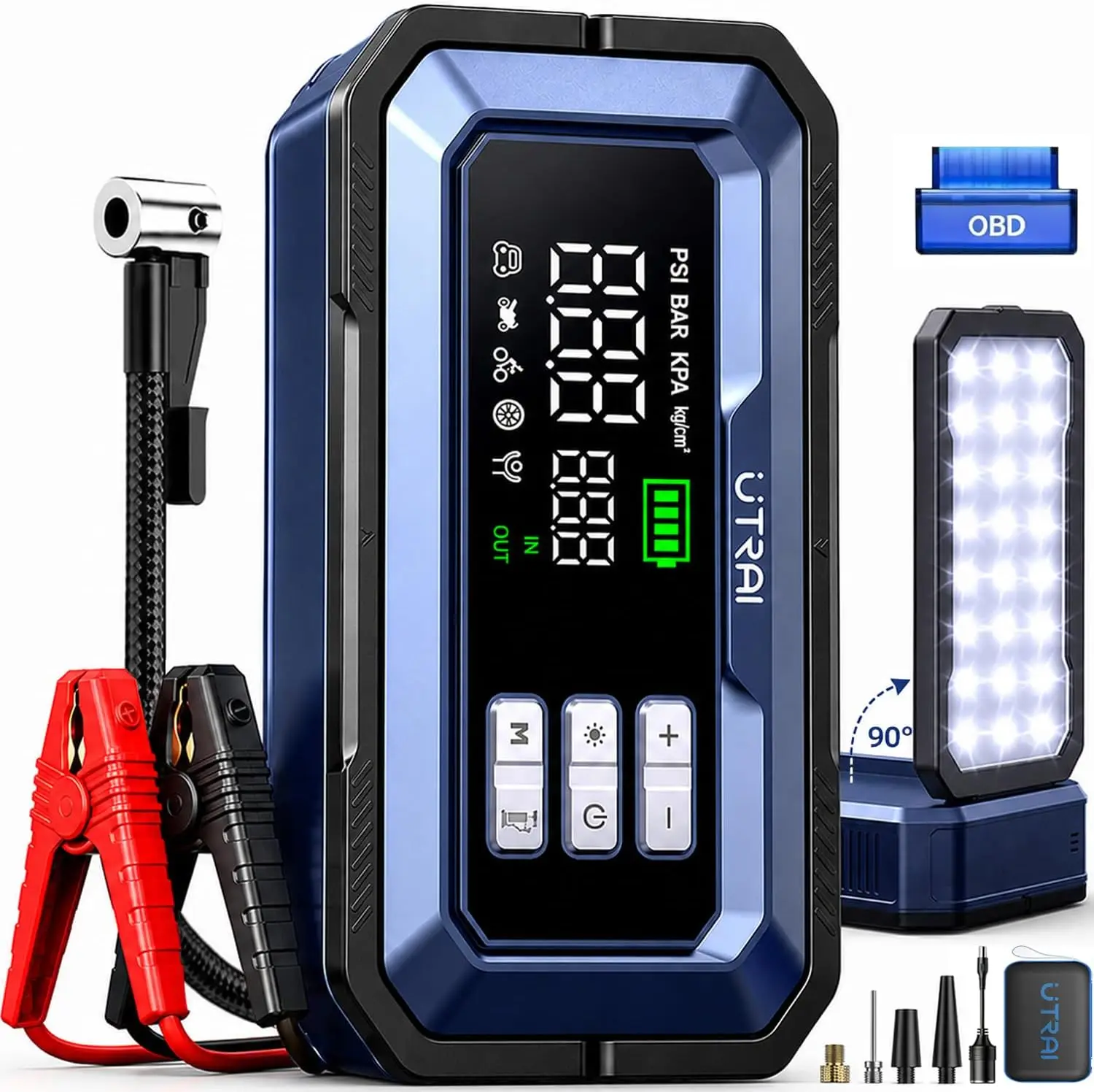 Car Portable Tire Inflator - เครื่องจั๊มป์สตาร์ทพร้อมเครื่องอัดอากาศ, เครื่องจั๊มป์สตาร์ทแบตเตอรี่รถยนต์แบบพกพา 8000A สำหรับรถยนต์เบนซิน/ดีเซล 12 ลิตร,